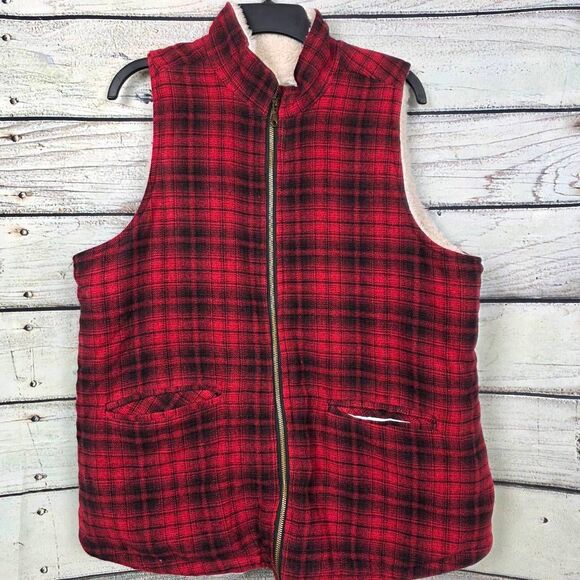 Maurices 0X Red Plaid Sherpa Lined Zip Puffer Vest - Picture 1 of 5